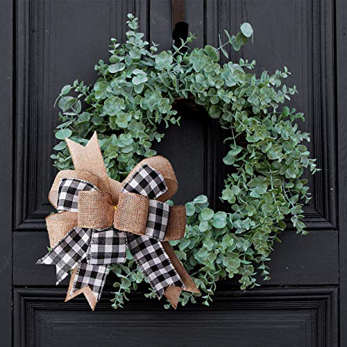 Black White Buffalo Plaid Burlap Wreath Bow Double Layed Gift Bows Wreath Bow Wall Ornaments Christmas Tree Topper Bows For Holiday Home Front Door Decorations, 12 X 9.4 Inch #TOP3