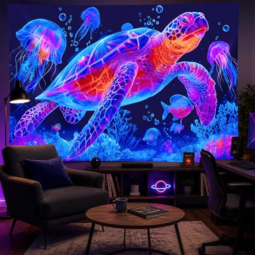 Image of BlissYard Neon Turtle Ocean Black Light Tapestry UV Reactive Psychedelic Sea Life Wall Hanging for Living Room Bedroom Dorm Room Bar Party Decor 78x59 Inch