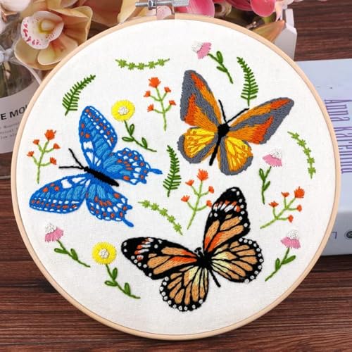 Embroidery Starter Kits with Dance Butterfly Pattern and Instructions, Plastic Embroidery Hoops,Threader,Color Threads and Needles,Embroidery Kit for Beginners(N1109)