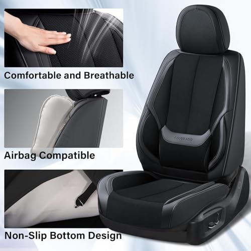 Image of Coverado Front Seat Covers, 2 Pieces Universal Seat Covers for Cars, Breathable Fabric & Leather Car Seat Protectors, Car Seat Cushions Auto Accessories Fit for Most Sedans SUV Truck, Black