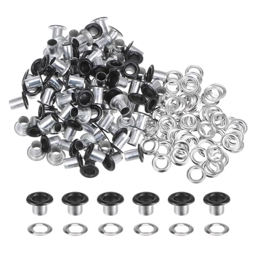 sourcing map 100PCS Grommets Eyelets 1/6 Inch (4mm) ID Hole Metal Self Backing Eyelet with Washers for Shoes Leather Bead Cores Canvas Tag, Matt Black