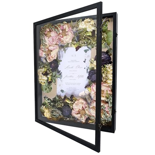 GraduationMall 18x24 Wood Shadow Box Frame Glass Door Display Case with Linen Back and 6 Stick Pins,1.5 inches Interior Depth,Ideal for Memorabilia Pictures Flowers Medals Tickets Rustic Black