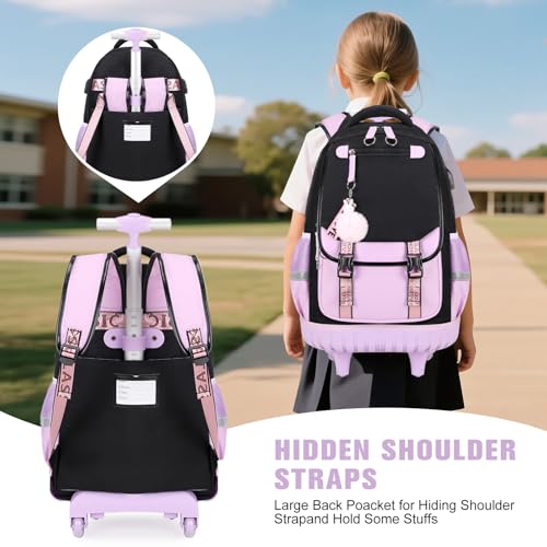 Bevalsa Rolling Backpack for Girls, 3PCS Roller School Backpacks with Lunch Box & Pen Case, Kids Bookbag Schoolbag with Wheels for Teen Girl Kindergarten Elementary Middle School4