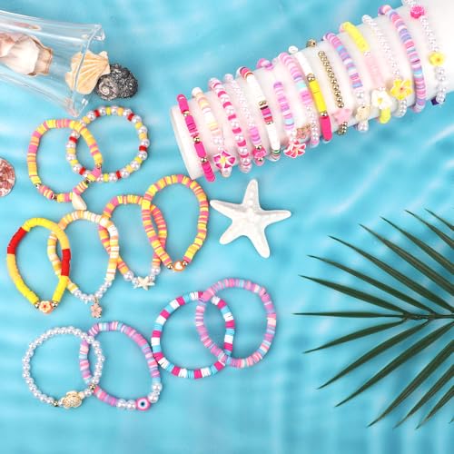 24pcs Hawaiian Tropical Plumeria Friendship Bracelets, Bohemian Elastic Beaded Bracelets Colorful Y2K Pearl Summer Beach Jewelry for Hawaiian Themed Party Luau Beach Party Favors3