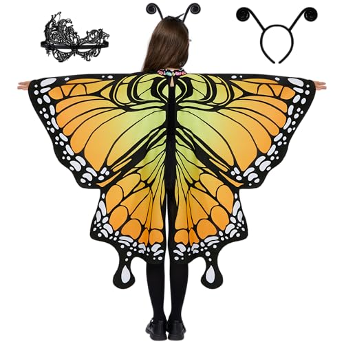 Spooktacular Creations Orange Butterfly Wing Kids, Halloween Butterfly Costume for Girls with Lace Mask and Bug Headband for Halloween Costume Party