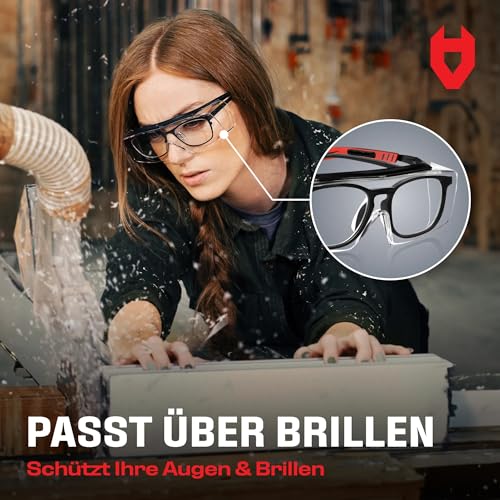 NoCry Sicherheits-Überbrille mit Kratzbeständigen Gläsern, Seitenschutz, Verstellbaren Bügeln, 400 UV-Schutz, schwarz roter Rahmen und EN166, EN170, EN172, EN175 Zertifiziert