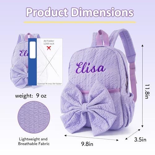 Image of 12inch Daycare Backpack Personalized Small Backpack with Name | Purple Kids Backpacks for Age 1-3,Lightweight Quilted Fabric,Large Front Pocket with Bow,Padded Shoulder Strap,Custom Gift
