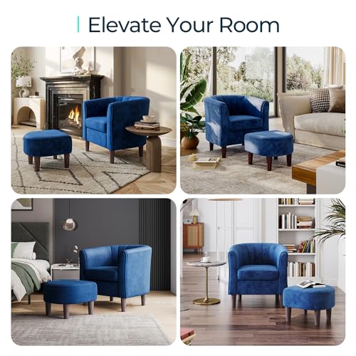 LINSY Accent Chair with Ottoman, Modern Barrel Chair Small Armchair Reading Chair with Footrest, Comfy Round Arms Chair for Living Room Bedroom Reading Room, Velvet, Blue by LINSY - Image 5