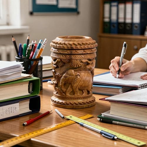 Image of Craft Trade 13x8 Cm Wooden Hand Carved Pen Stand Pencil Holder - Brown Elephant