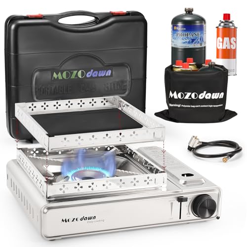 MOZODAWN Dual Fuel Camp Stove with Butane and Propane Compatibility, 10500 BTU Portable Camping Stove with Carrying Case, Storage Bag, Adapter Hose, Wind Guard, Outdoor Camping Essentials