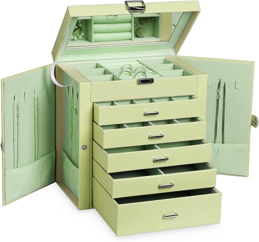 Frebeauty Large Jewelry Box,6-Tier PU Leather Jewelry Organizer with Lock,Multi-functional Storage Case with Mirror,Accessories Holder with 5 Drawers for Necklace Bracelets Watches