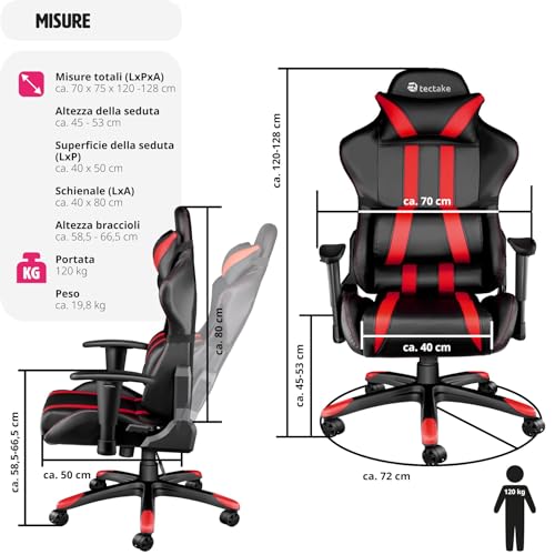 ® Poltrona da Ufficio con Poggiatesta, Braccioli, Schienale Regolabile, Sedia Ufficio Ergonomica con Imbottitura Extra Spessa e Supporto Lombare, Girevole a 360° - Nero/Rosso - Sedia gaming - Immagine 2