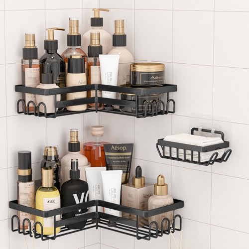 rigors estante de ducha sin taladrar, estante de ducha de 3 piezas esquinero con ganchos, estante de ducha de acero inoxidable cesta de, organizador de baño autoadhesivo para baño y cocina negro