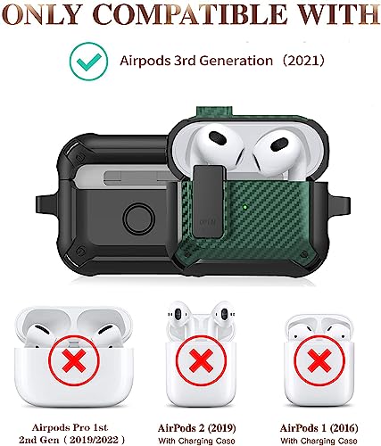 Image of Olytop for Airpods 3rd Gen Case with Lock 2021, Rugged Apple Airpods 3rd Generation Case Men Women, Armor Shockproof iPod 3rd Gen Case Protective Hard Shell with Carabiner&Cleaner kit, Black /Green