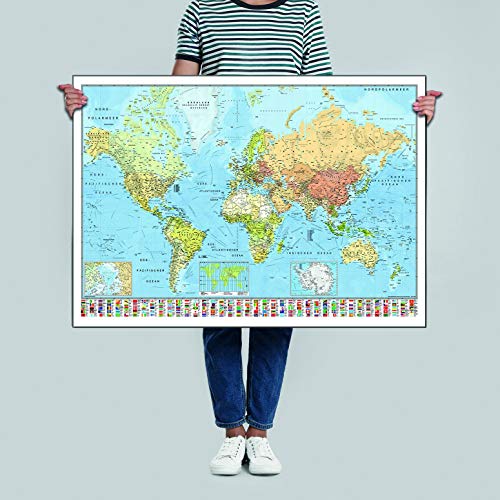 Weltkarte Close Up Poster mit Flaggen und Gebirgsrelief, 91,5 x 61 cm