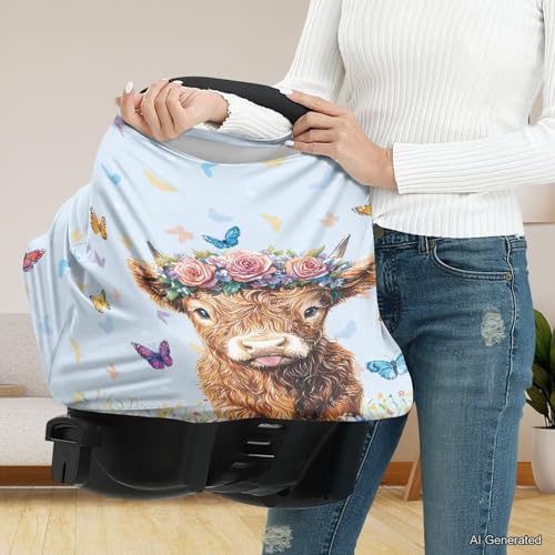 Image of Wanyint Highland Cow Butterfly Blue Infant Car Seat Cover, Baby Carseat Scarf Stretchy Nursing Scarf Car Seat Canopy Breathable Nursing Cover for Boys Girls