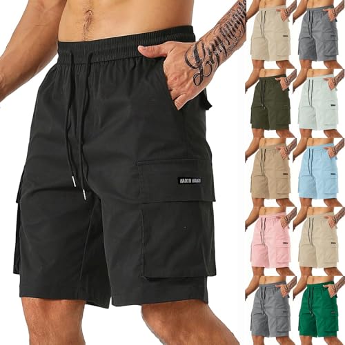 Black Cargo Shorts Men Relaxed Fit Drawstring Elastic Waist Chino Shorts Multi Pockets Casual Lightweight Big and Tall Knee Length Short Summer Stretch Carpenter Work Outdoor Long Hiking Short