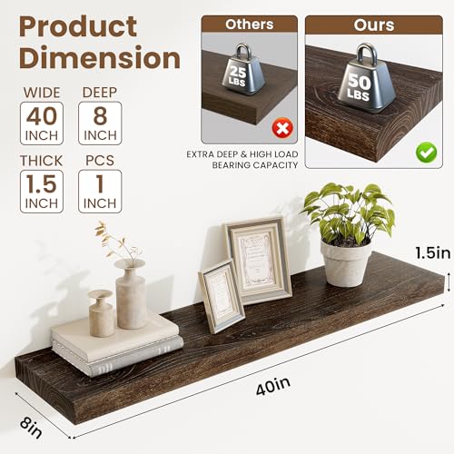 Image of Acovy Extra Deep 40 inch Long Rustic Solid Wood Floating Shelves for Wall, Wall Shelves with Invisible Bracket for Living Room Bathroom Bedroom Kitchen, Set of 1, Walnut