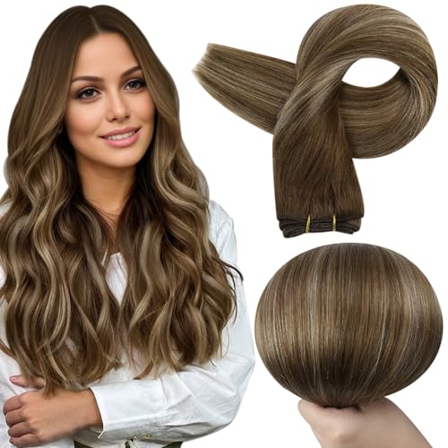 Image of Full Shine Weft Hair Extensions Human Hair, 14 Inch 100G, Remy Hair Weft | Silky Soft Hair Extensions, Medium Brown To Butter Blonde Mix Medium Brown, Real Human Hair Sew In, Daily Wear For Women