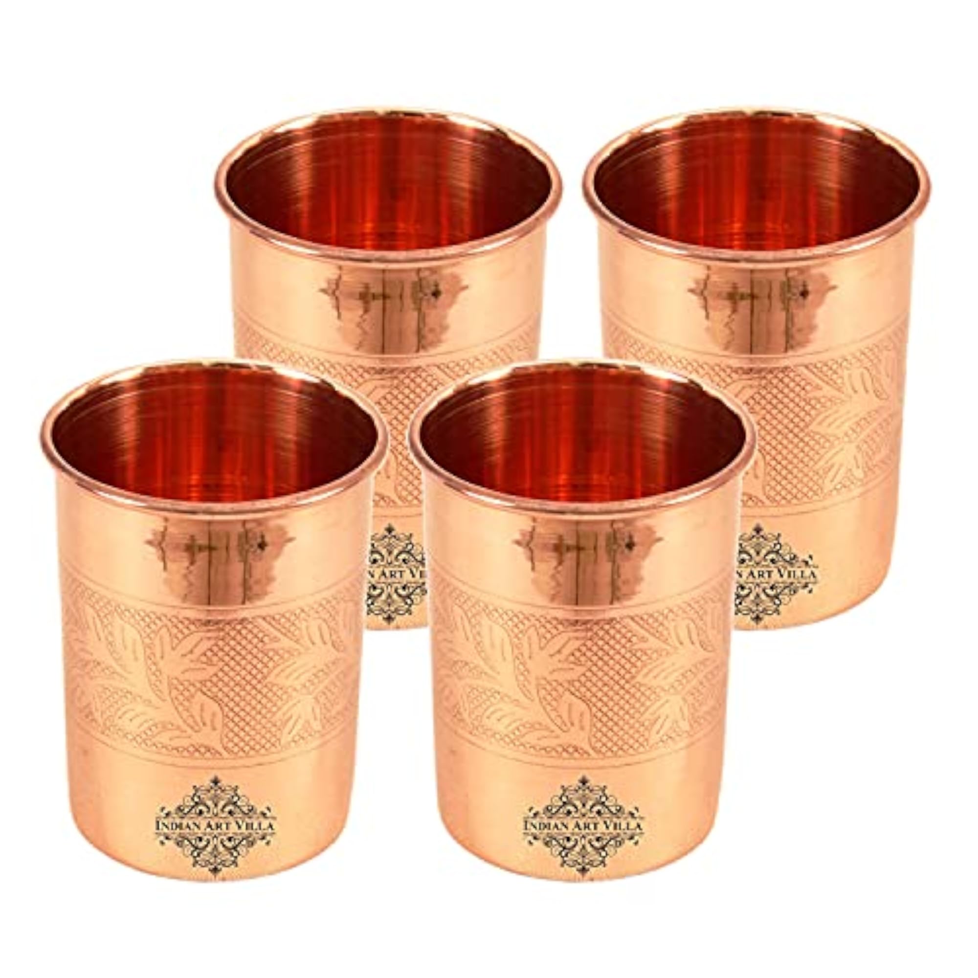 Copper Water Glasses with Embossed Design, Set of 4