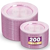 WDF 200PCS Pink Plastic Plates - Rose Gold Glitter Plastic Plates - Heavy Duty Pink Glitter Disposable Plates for Wedding/Baby Shower/Birthday