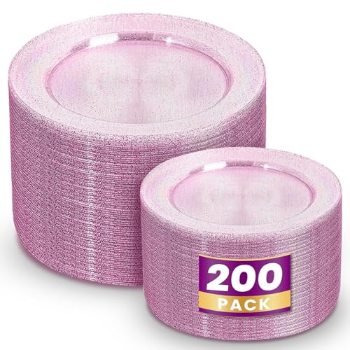 Image of WDF 200PCS Pink Plastic Plates - Rose Gold Glitter Plastic Plates - Heavy Duty Pink Glitter Disposable Plates for Wedding /Baby Shower /Birthday