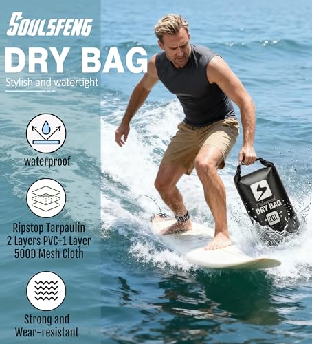 Image of Soulsfeng Waterproof Dry Bag Backpack, Roll Top Floating Dry Storage Bag with Phone Case, Lightweight Dry Sack for Kayaking, Boating, Beach, Travel, Camping 20L, Black