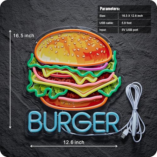 Image of Burger Neon Sign for Wall Decor Hamburger Business Dimmable LED Light USB Powered Burgers Art Signs for Food Shop Restaurant Snack, Size:16.5 x 12.6inch
