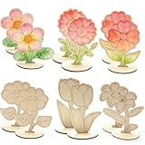 pinturas para grabados 24 unidades de flores de madera, discos de madera con tallo y base, colgantes de madera para pintar, flores de madera sin tratar para manualidades, grabado, decoración de pintura, 6 estilos de flores