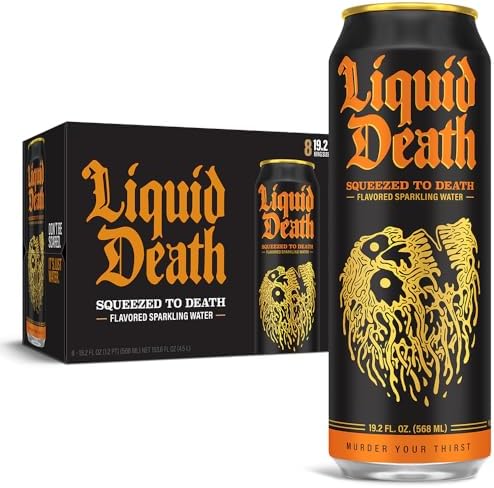 Liquid Death, Squeezed to Death, Orange-Flavored Sparkling Water, 8-Pack (19.2oz Cans), Low Calorie & No Artificial Sweeteners