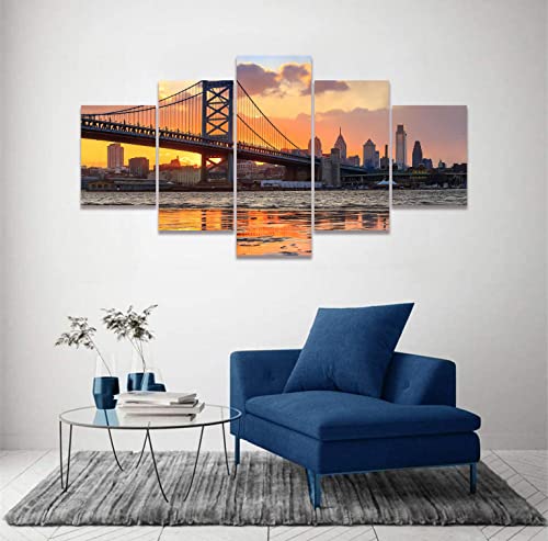 Brooklyn Bridge 5 Panel Canvas Wall Art New York Skyline Artwork Wall Decor Modern Skyline Canvas Print Pictures Framed For Office Bedroom Walls Decoration(50Wx24H) #TOP4