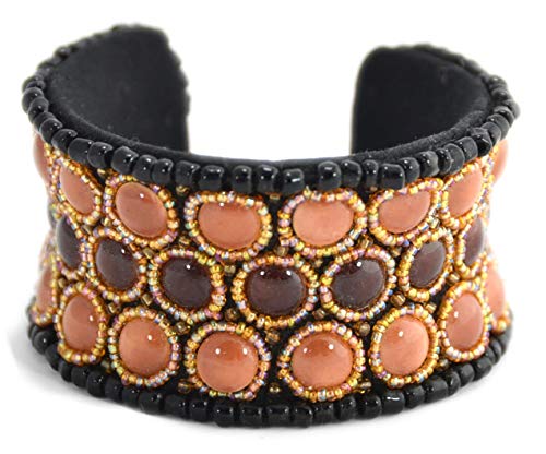 Bracelet rigide ouvert marron en porcelaine d'art et perles