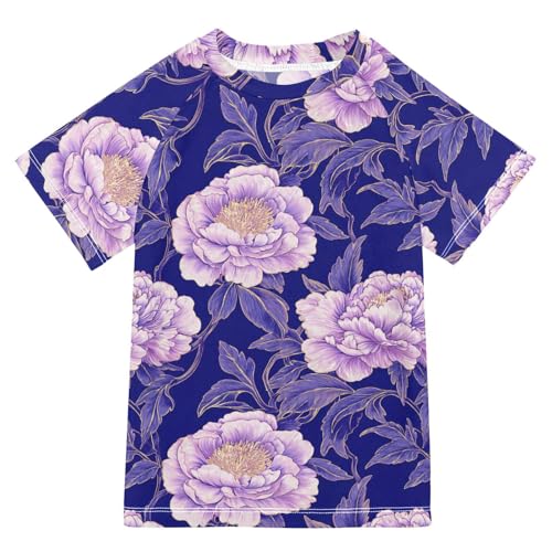 ALAZA Kids Rash Guard Girls Toddler Swim Shirts Short Sleeve Purple Peony UPF 50+ 3T