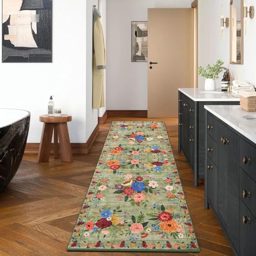 BYBSRLL Tapis Vintage à Motif Floral, 60 x 180 cm, antidérapant, Lavable, Style bohème, Vert,...