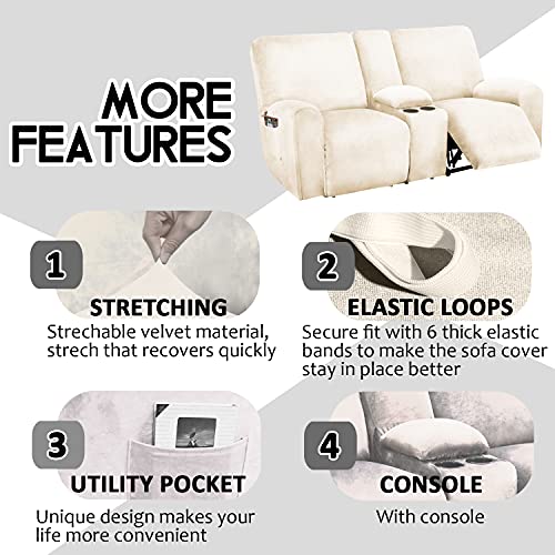 Ulticor Reclining Love Seat With Middle Console Slipcover, 8-Piece Velvet Stretch Loveseat Reclining Sofa Covers, 2 Seat Love Seat Recliner Cover, Thick, Soft, Washable, Love Seat Slipcovers (Ivory) #TOP3