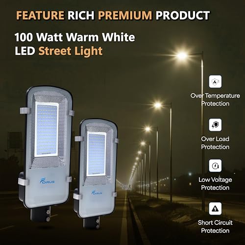 Image of Forus 100W LED Street Light with Clamp, IP66 Waterproof Outdoor LED Street Light, High Lumen 12000lm Warm White, Aluminium Body for Road, Parking Lot, Garden & Industrial Outdoor Lighting (1 Pc)