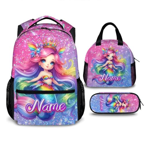 Custom School Backpacks for Girls, Personalized Set of 3 Mermaid Backpack for Toddlers Kids, Large Capacity Bookbag with Lunchbox and Pencil Case Supplies for Kindergarten Elementary Travel