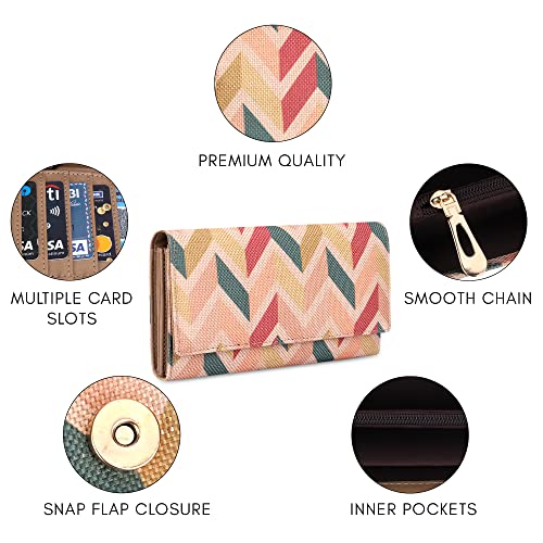 Image of THE CLOWNFISH Charisma Collection Printed Handicraft Fabric & Faux Leather Womens Wallet Clutch Ladies Purse with Multiple Card Slots (Cream-Wave Design)
