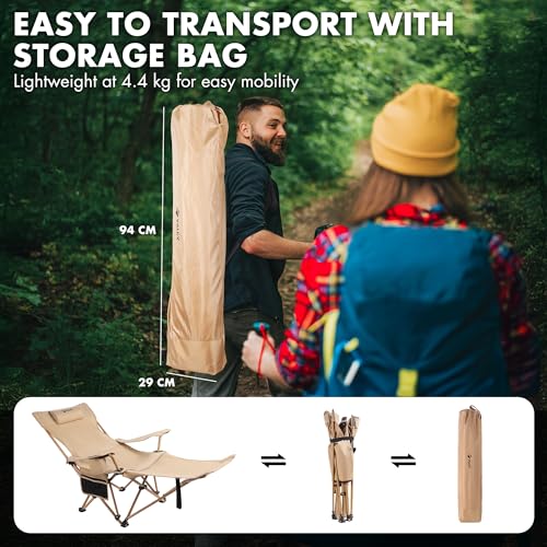 VILLEY Reclining Camping Chair with Removable Footrest, 2 in 1 Portable Adjustable Recliner Camp Chair, Headrest & Storage Bag, Supports Up to 150 kg