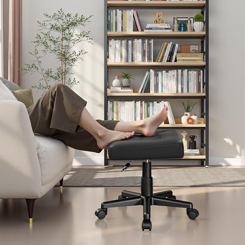 Image of VECELO Under Desk Footrest, PU Ergonomic Foot Rest with Wheels, Comfort Padding, Height Adjustable for Relieving Leg Pain, Stiffness, Black