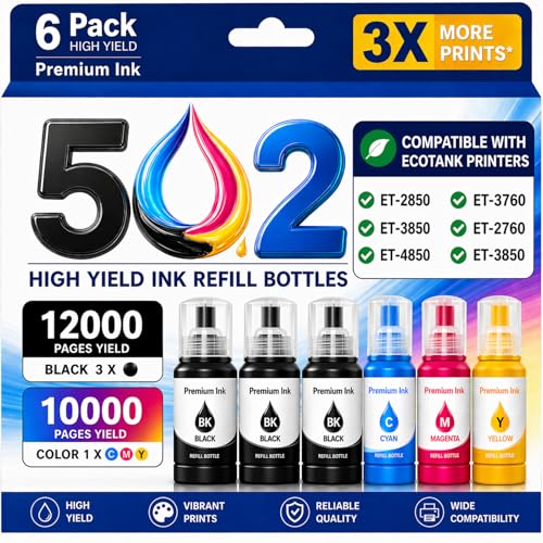 PACITEK Compatible Ink Refill Bottles Replacement for Epson 502 Ink Refill Bottles for Epson EcoTank ET-2850 ET-3850 ET-4850 ET-2760 ET-4760 ET-15000 ST-2000 Printer High Yield (6-Pack, 3BK C M Y)