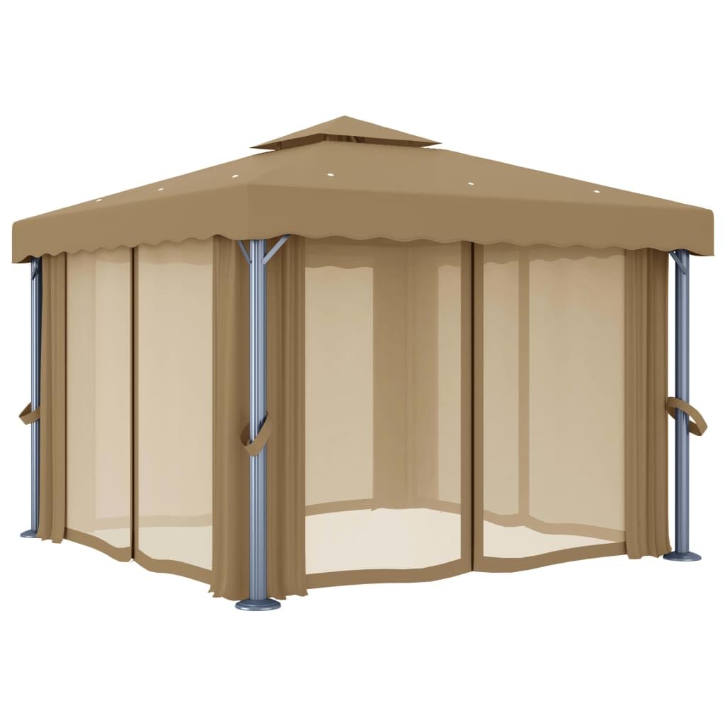 Pawilon 3 x 3 m, kolor taupe, rama aluminiowa, podwójny dach, z zasłonami i moskitierami, odporny na działanie wody, odporny na działanie promieni UV, do ogrodu, na taras, imprezy na świeżym powietrzu