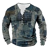 t-shirt da uomo patchwork denim vintage patchwork modello griglia manica lunga stampa 3d t-shirt a maniche lunghe oversize mens, t-113, xs