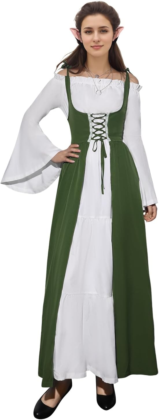 Women Renaissance Medieval Dress Costume, Adult Lace Up Fairy Dress Halloween Victorian White Green Long Dresses - Image 2