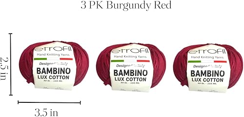 Miniatura 2 de Paquete de 3 hilos de algodón Bambino Lux, tejido y ganchillo, mezcla acrílica de algodón orgánico, bebé y amigurumi, 5.29 oz, 1,033.5 ft (rojo