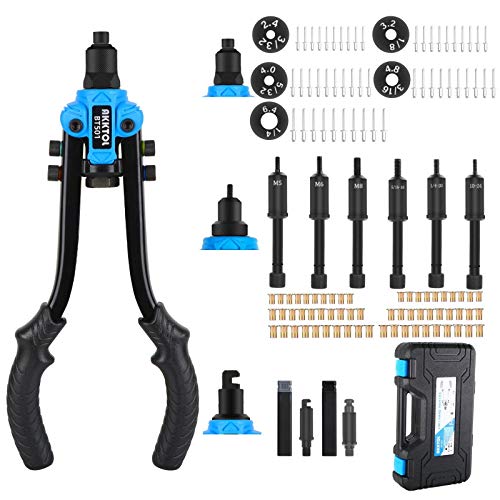 Rivet Nut Tool with 60Pcs Rivet Nuts & 50Pcs Rivets, 13 Manual 3 in 1 Riveter Reamer Rivnut Tool Set with 5 Interchangeable Heads, Rivet Gun Reamer Hand Riveter Set