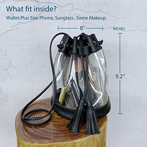 Hoxis Clear Purse Drawstring Bucket Crossbody Bag With Tassel Women Pvc Shoulder Handbag For Stadium Approved (Black) #TOP2