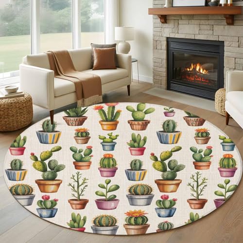 Round Rug 6Ft, Cactus Summer Tropical Plant Soft Non-Slip Washable