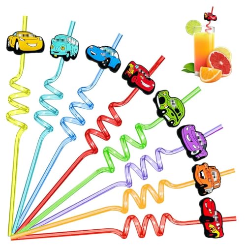 8 Pièce Pailles Enfants Reutilisables, Pailles Voitures, Voitures Straws Spirale, Straws Enfant Colorées pour Jus, Lait, Décorations de Fête D'anniversaire...