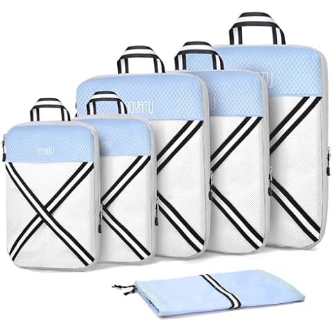 Compression Packing Cubes Suitcases Organizer: 2/4/6 Sets Travel Storage Bags for Luggage - Travel Essentials for Space Saver Blue Cover